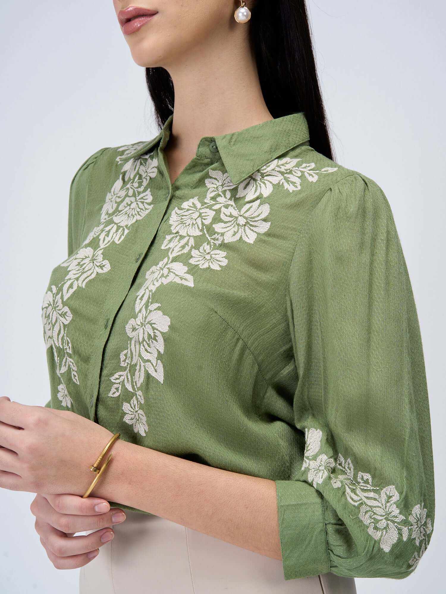 Serene Sage Embroidered Shirt - Olive &amp; White