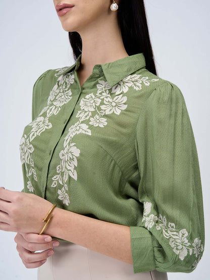 Serene Sage Embroidered Shirt - Olive &amp; White