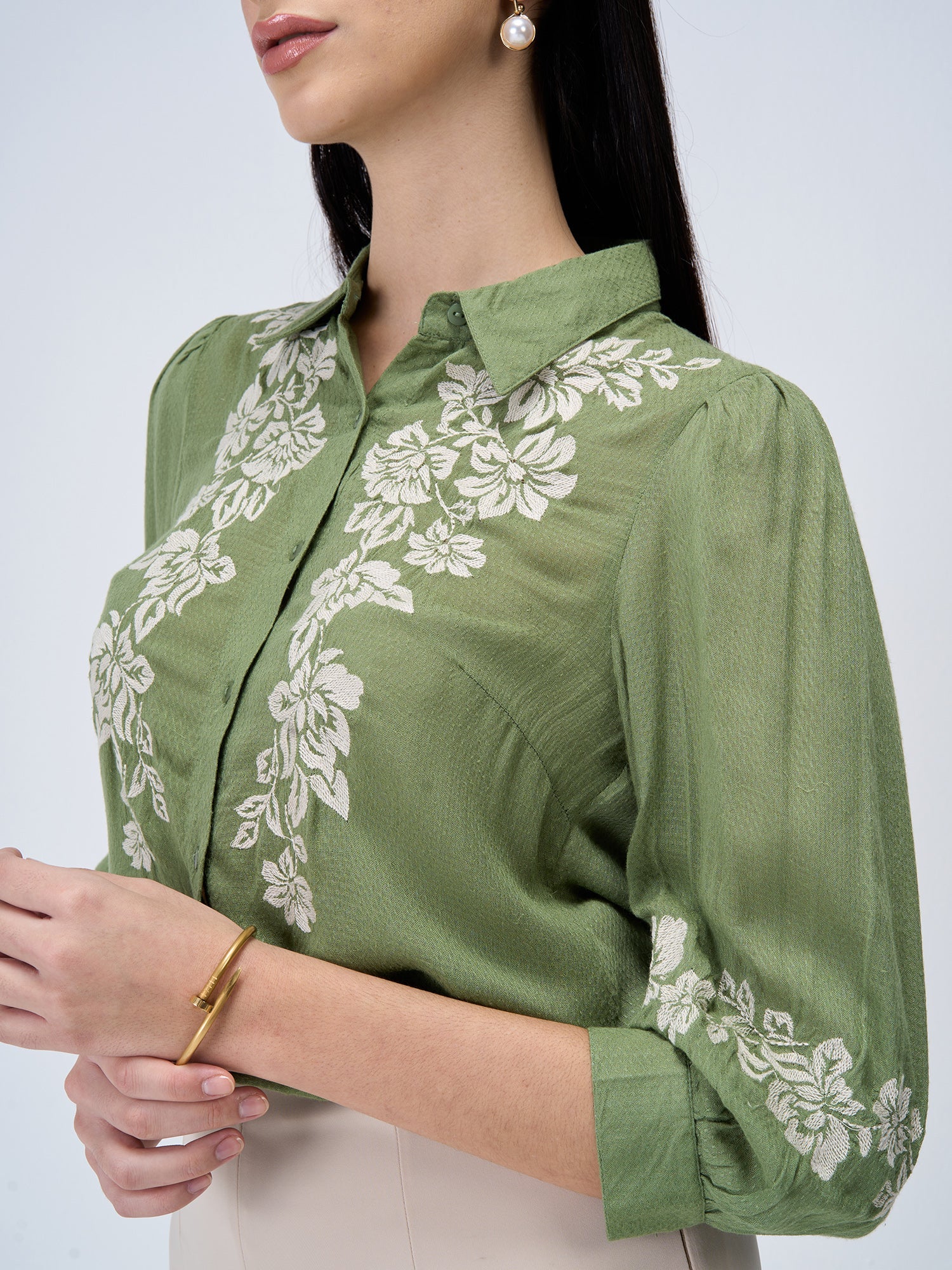 Serene Sage Embroidered Shirt - Olive & White