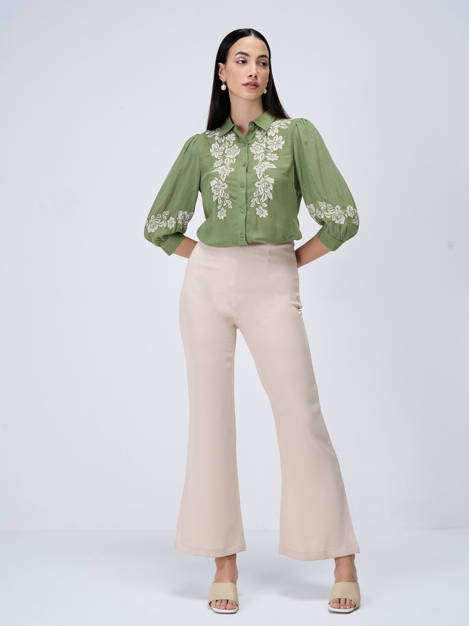 Serene Sage Embroidered Shirt - Olive &amp; White