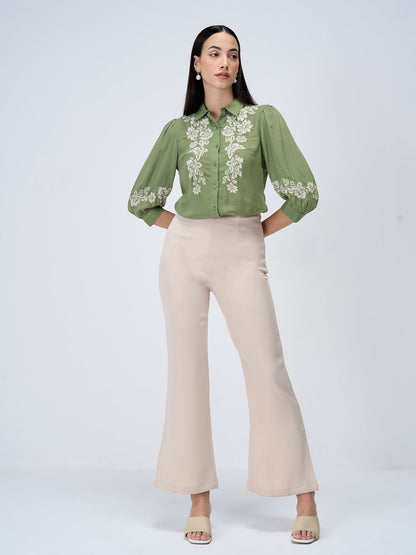Serene Sage Embroidered Shirt - Olive &amp; White