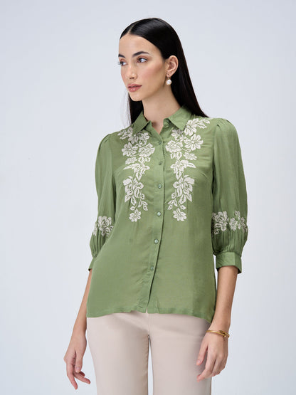 Serene Sage Embroidered Shirt - Olive &amp; White