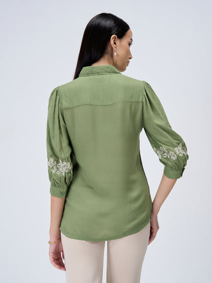 Serene Sage Embroidered Shirt - Olive &amp; White