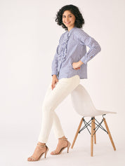 Pacific Ruffled Button Down Shirt-White/Blue