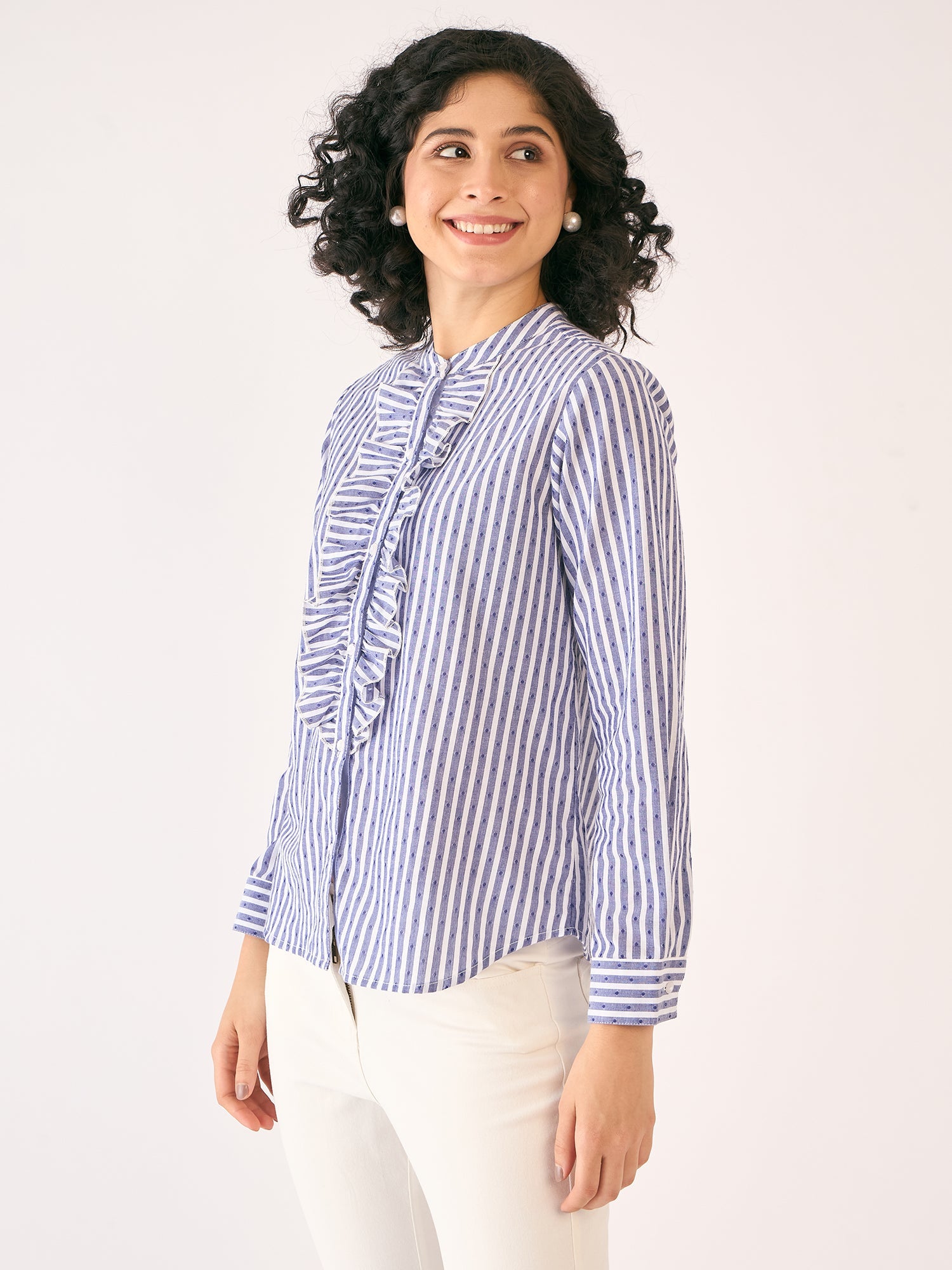 Pacific Ruffled Button Down Shirt-White/Blue