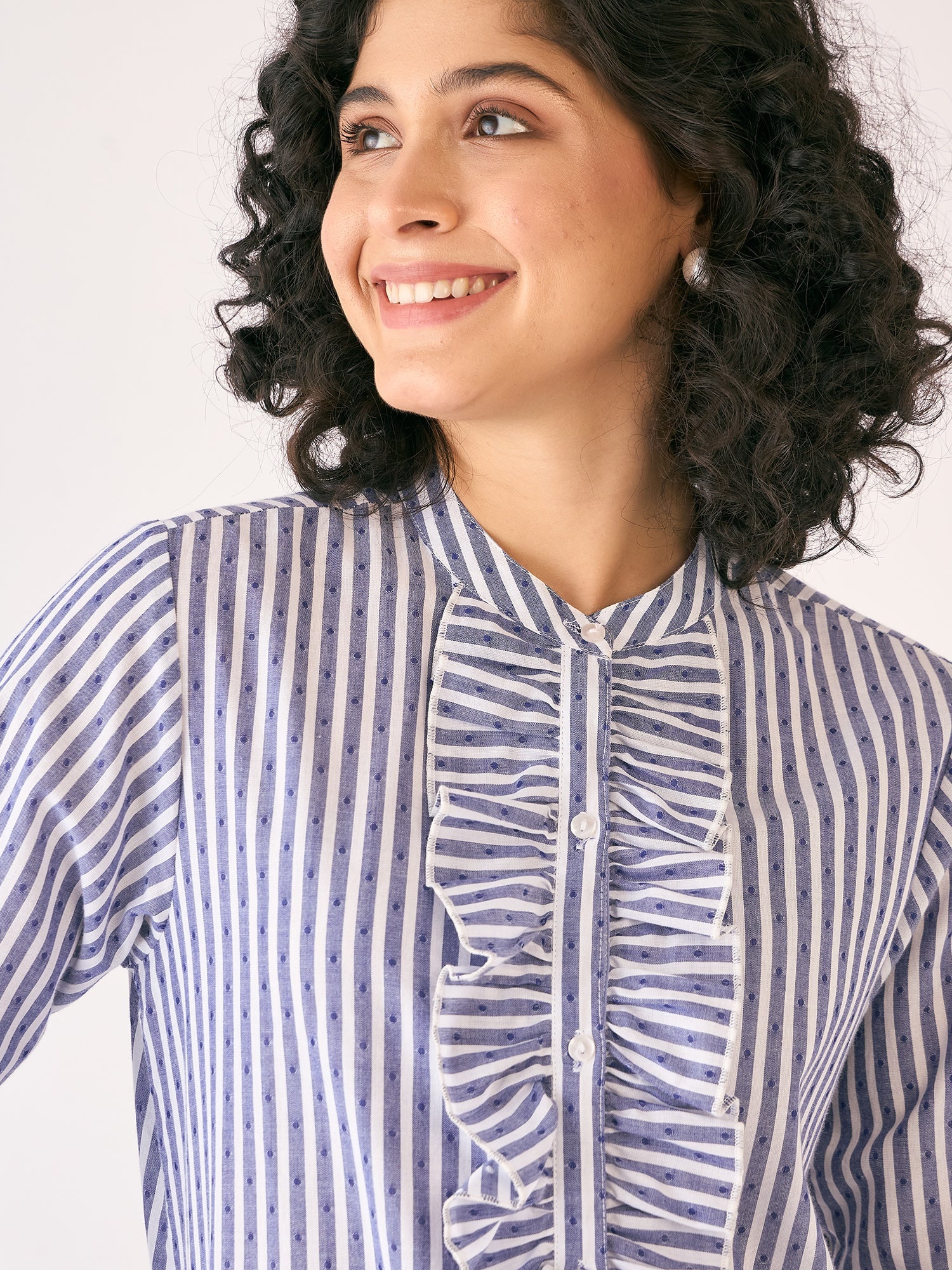 Pacific Ruffled Button Down Shirt-White/Blue