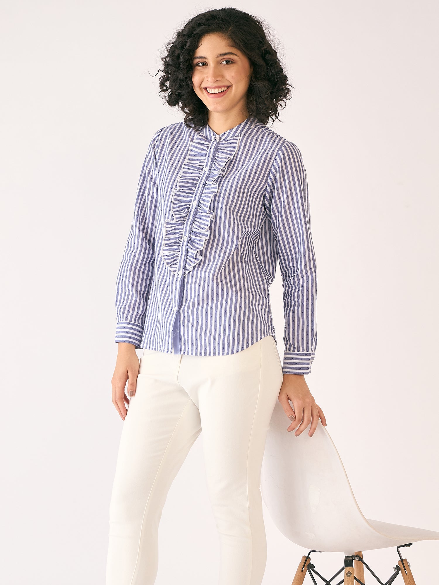 Pacific Ruffled Button Down Shirt-White/Blue