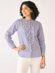 Pacific Ruffled Button Down Shirt-White/Blue