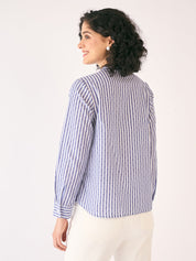 Pacific Ruffled Button Down Shirt-White/Blue