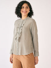 Olivine Gingham Ruffled Placket Shirt-White/Olive