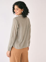 Olivine Gingham Ruffled Placket Shirt-White/Olive