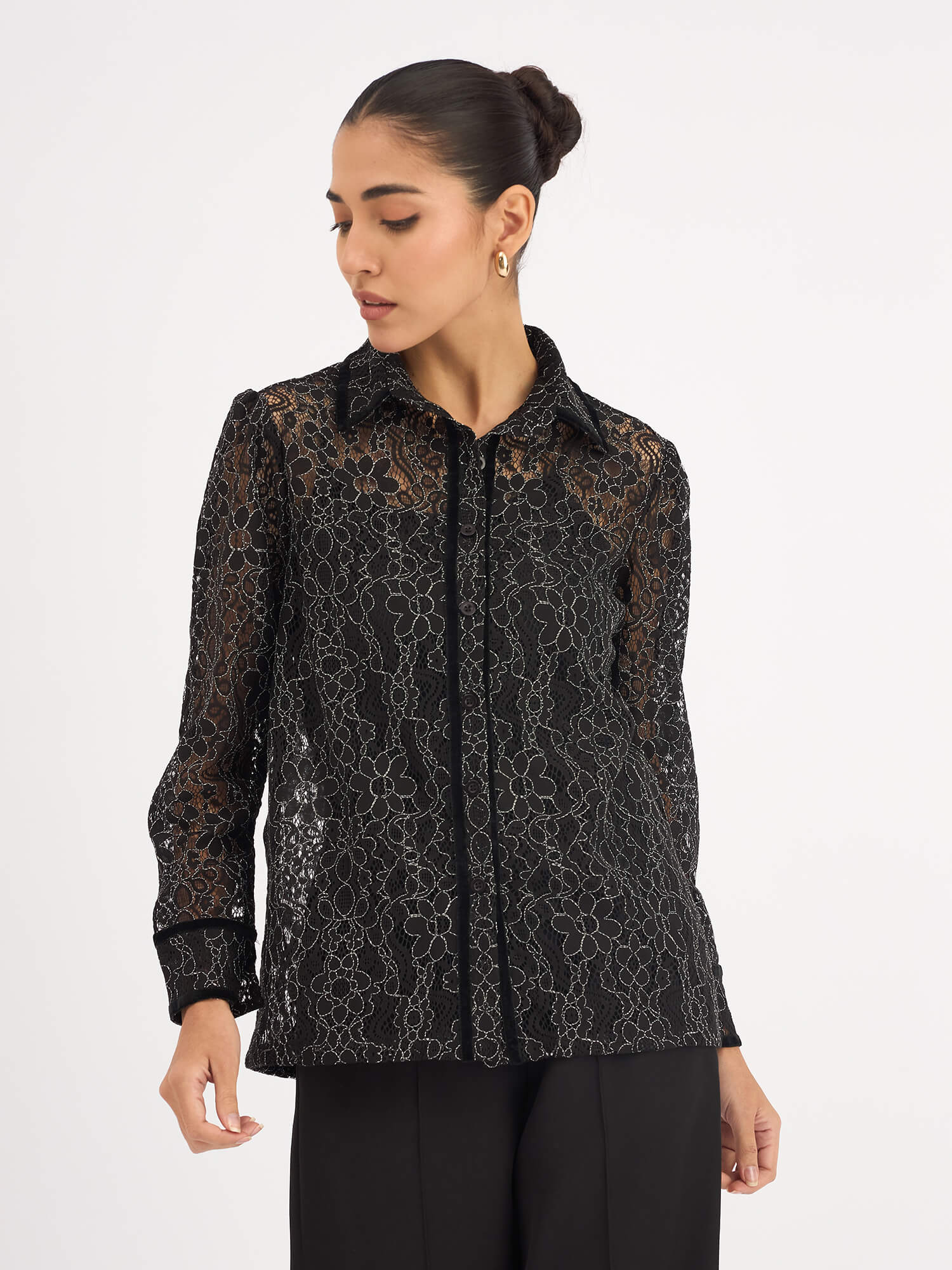 Delphine Trim Detail Lace Shirt - Black