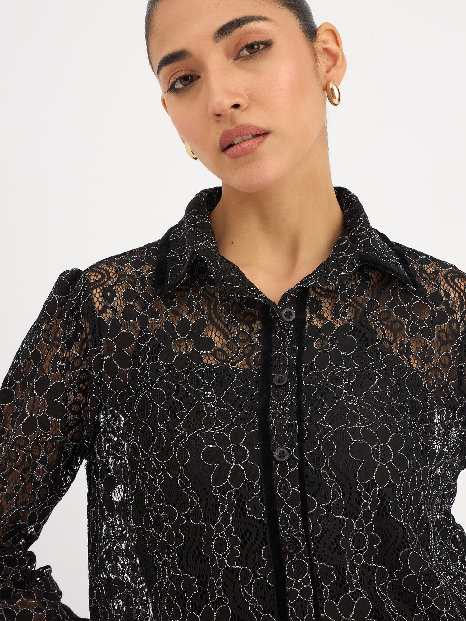 Delphine Trim Detail Lace Shirt - Black