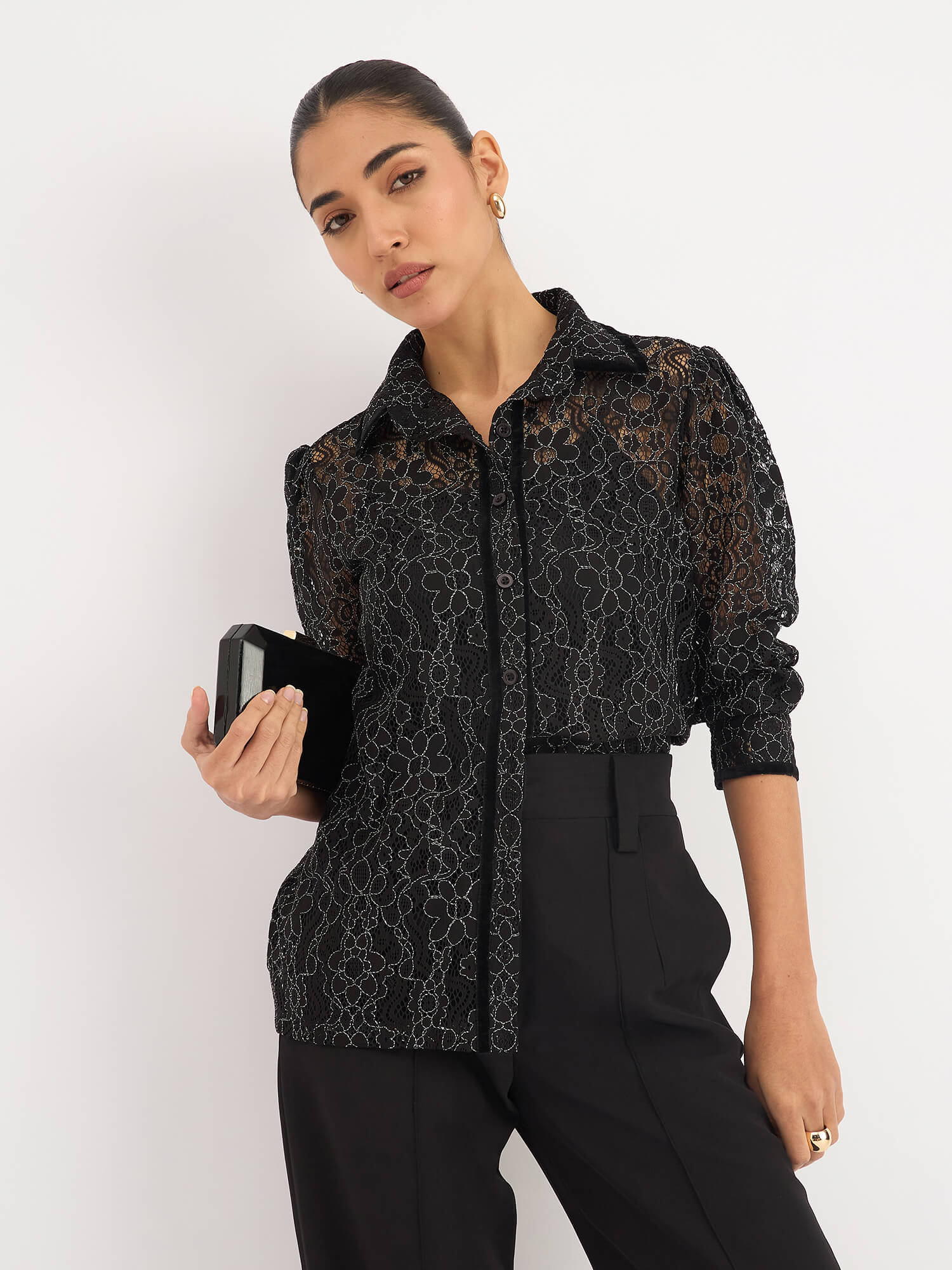 Delphine Trim Detail Lace Shirt - Black