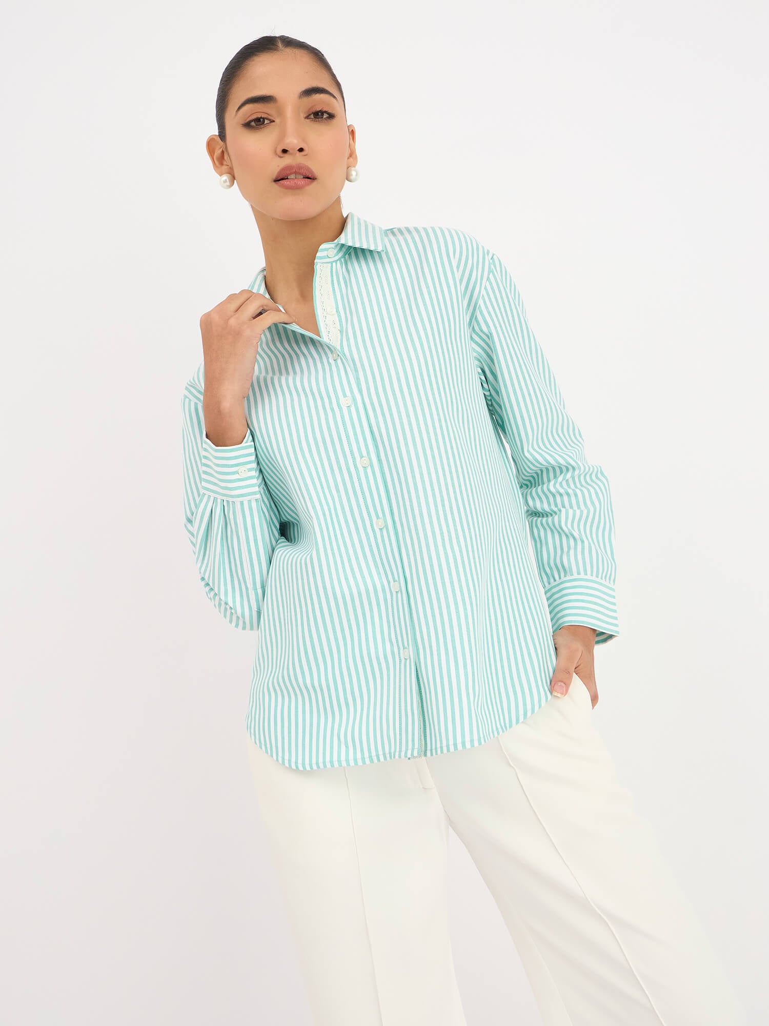 Mariner Striped Shirt With Lace Detail - Mint Green