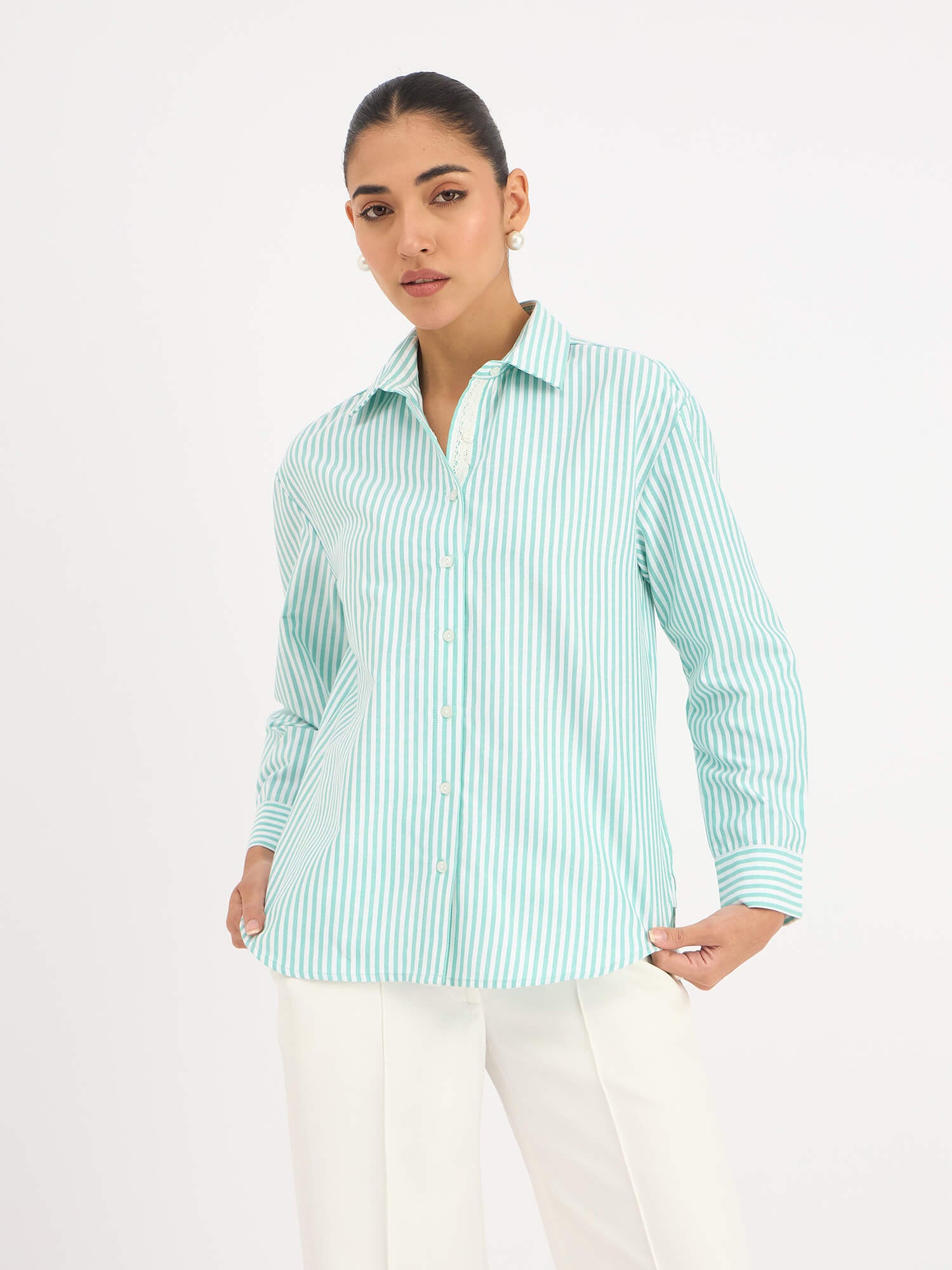 Mariner Striped Shirt With Lace Detail - Mint Green