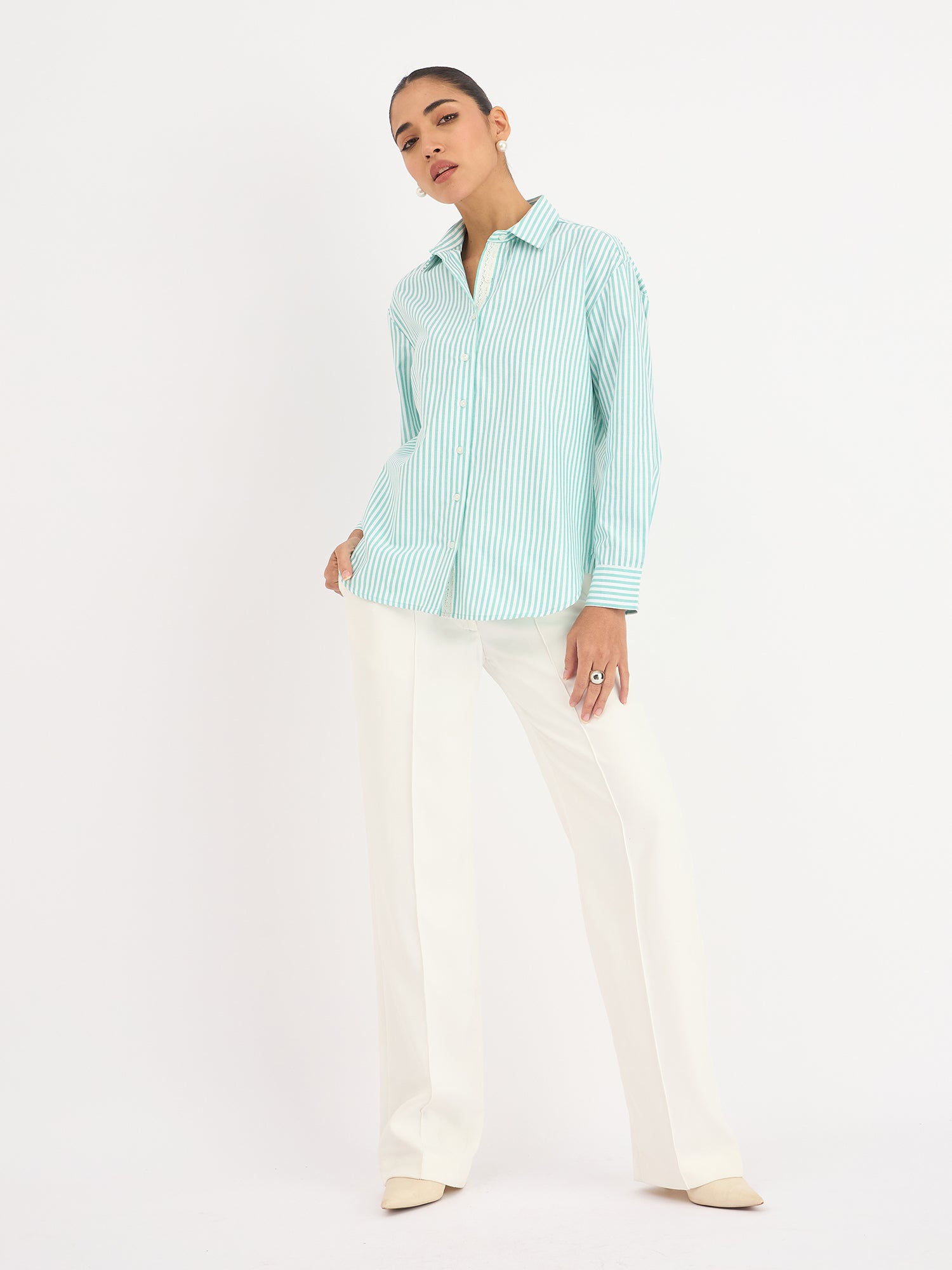 Mariner Striped Shirt With Lace Detail - Mint Green