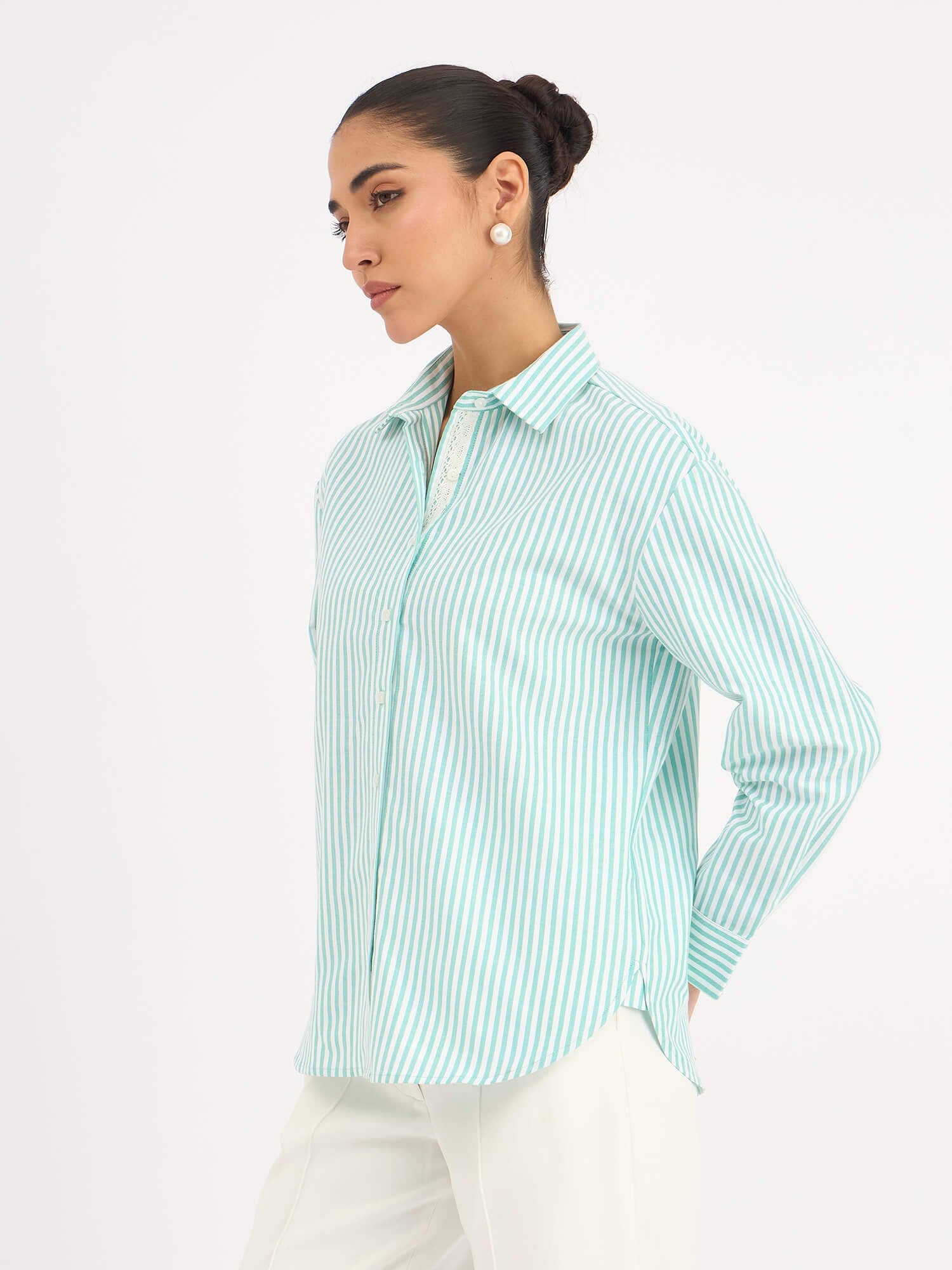 Mariner Striped Shirt With Lace Detail - Mint Green