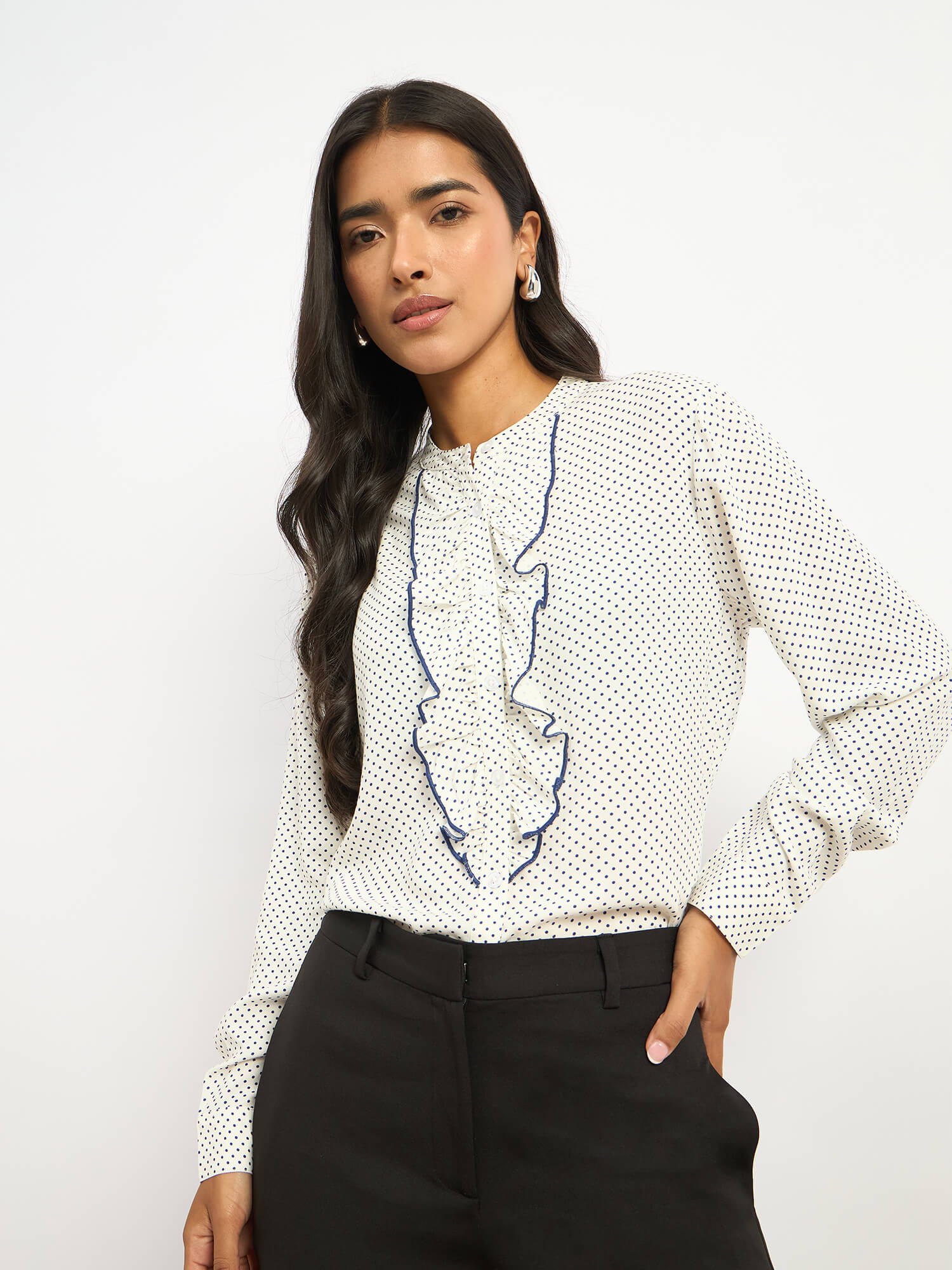 Pacific Ruffle Detail Shirt - White Polka