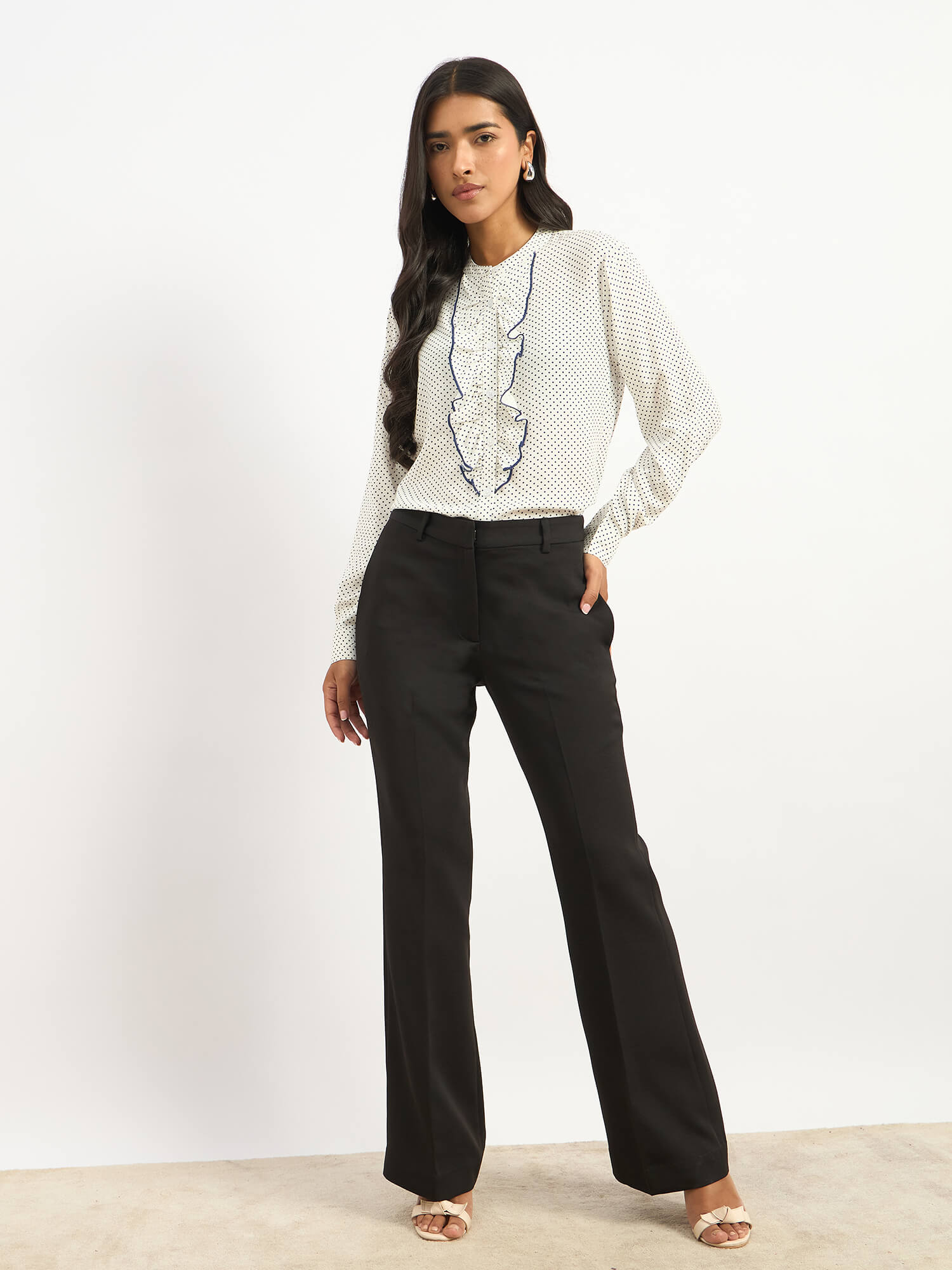 Pacific Ruffle Detail Shirt - White Polka