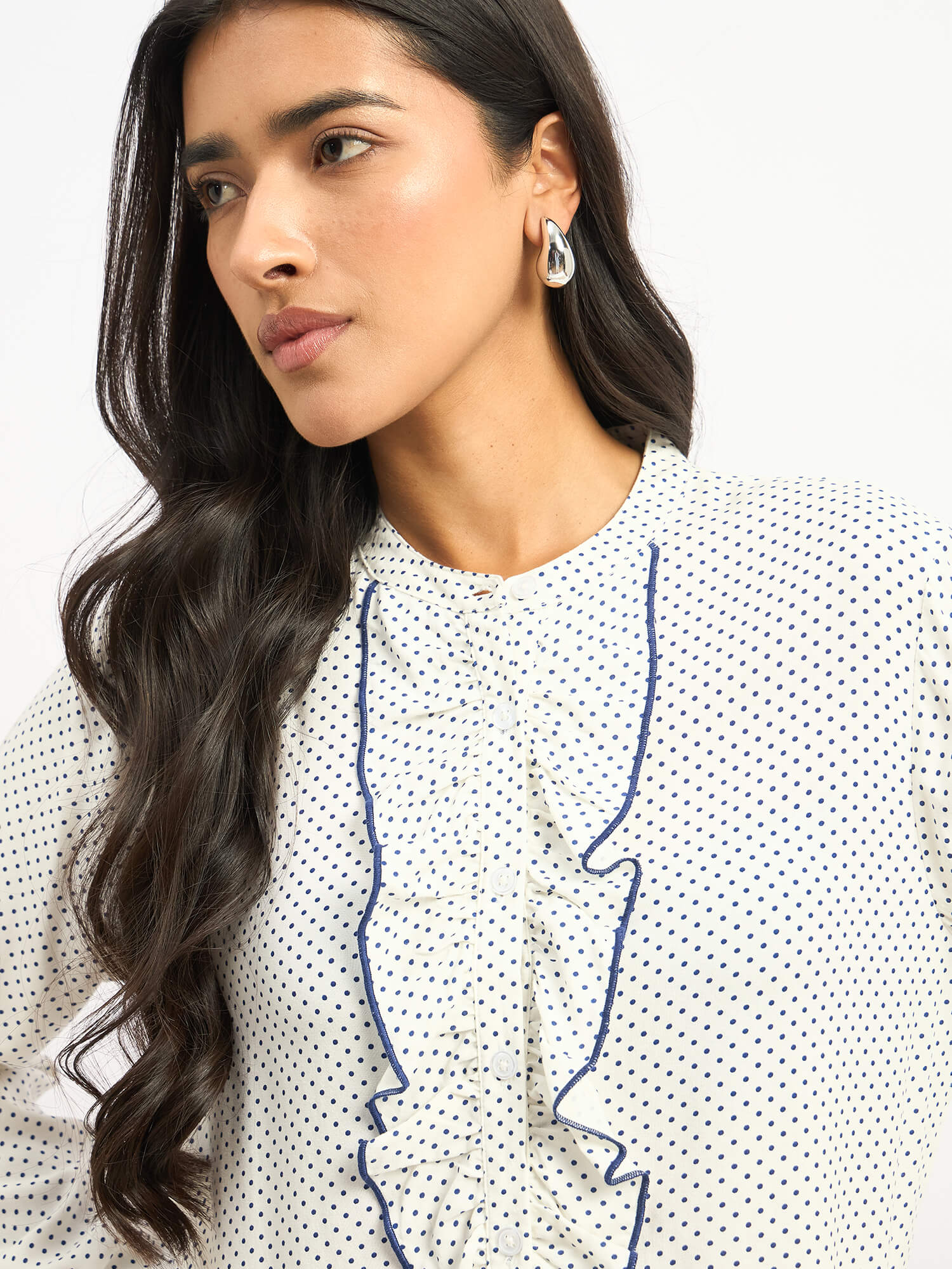 Pacific Ruffle Detail Shirt - White Polka