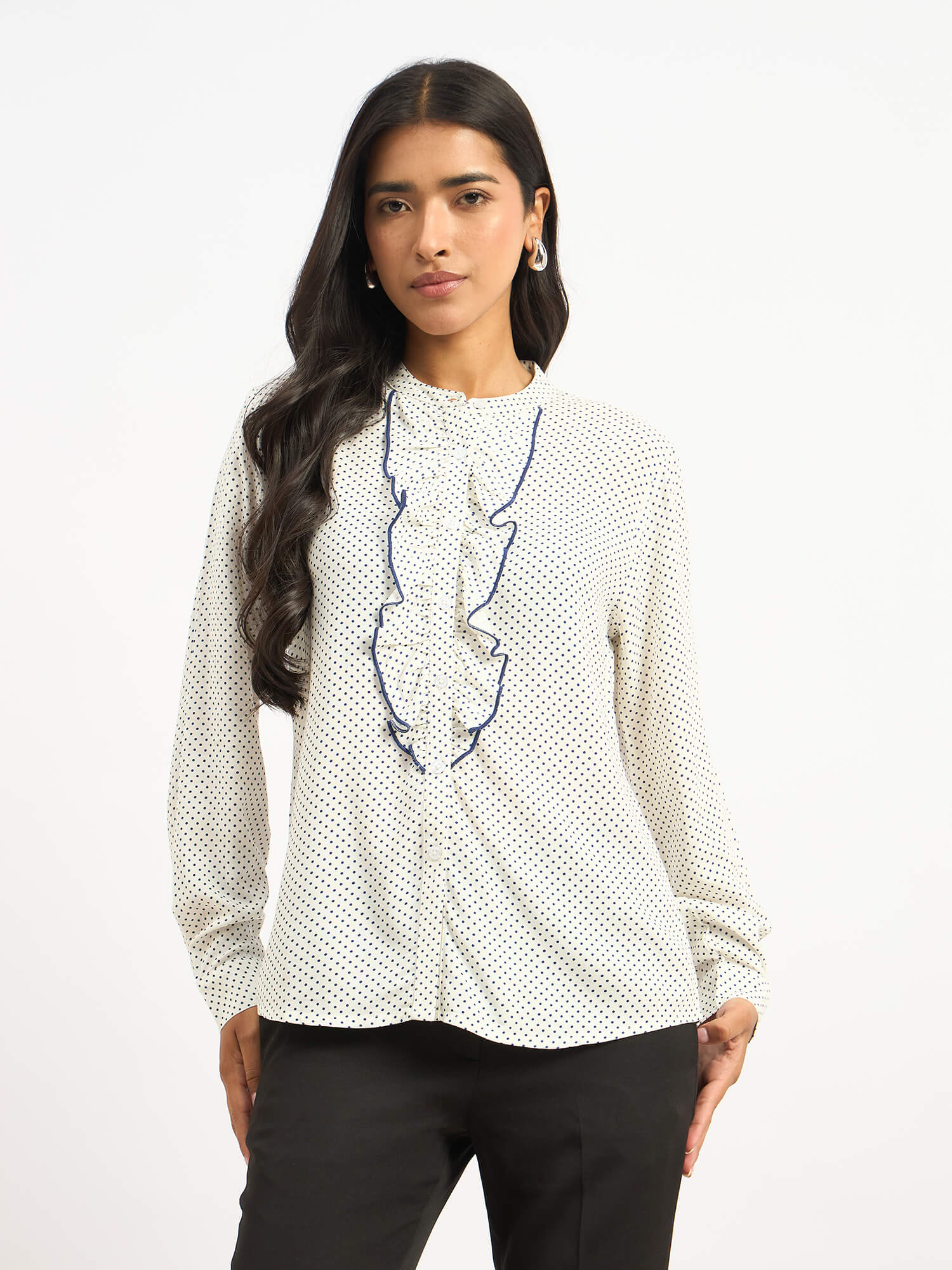 Pacific Ruffle Detail Shirt - White Polka