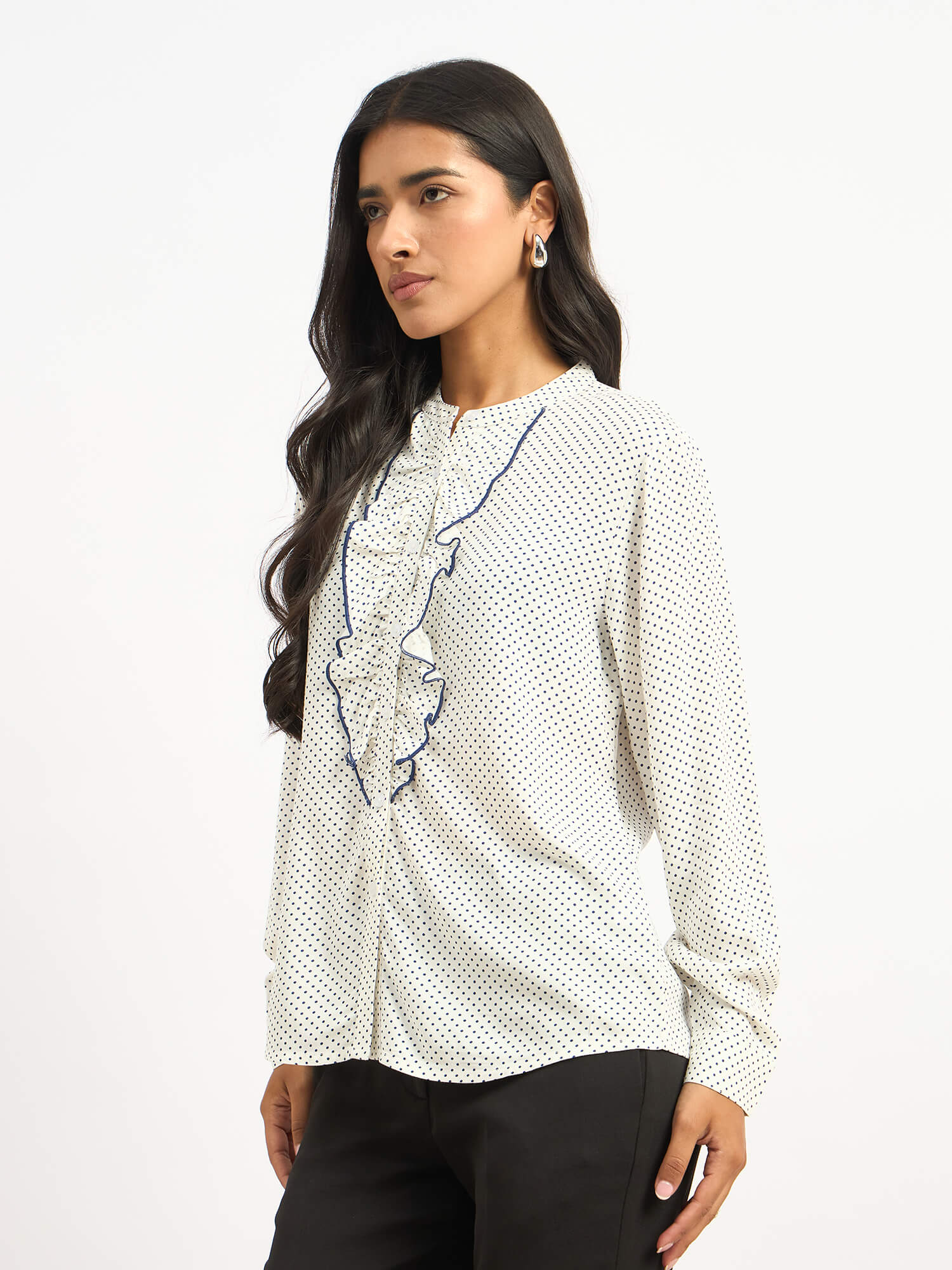 Pacific Ruffle Detail Shirt - White Polka