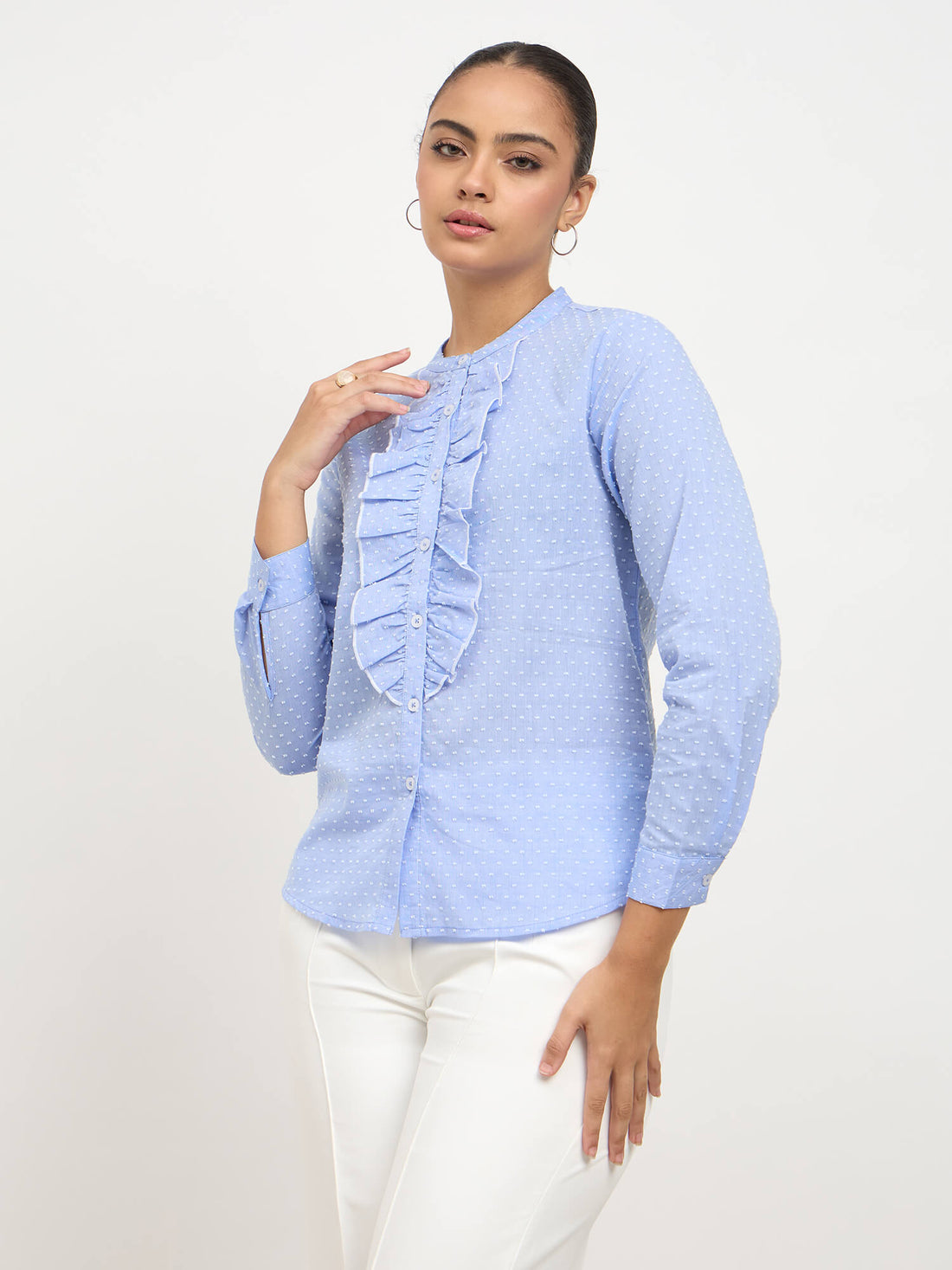 Pacific Ruffle Detail Shirt-Blue