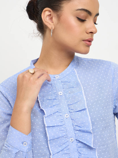 Pacific Ruffle Detail Shirt-Blue