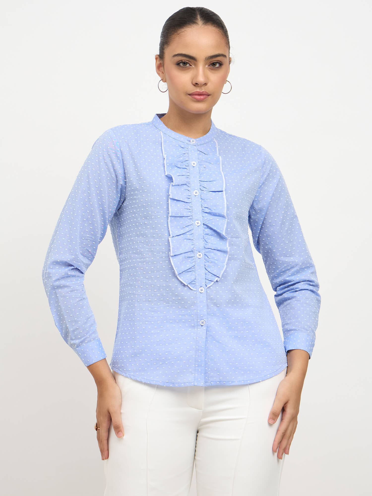 Pacific Ruffle Detail Shirt-Blue