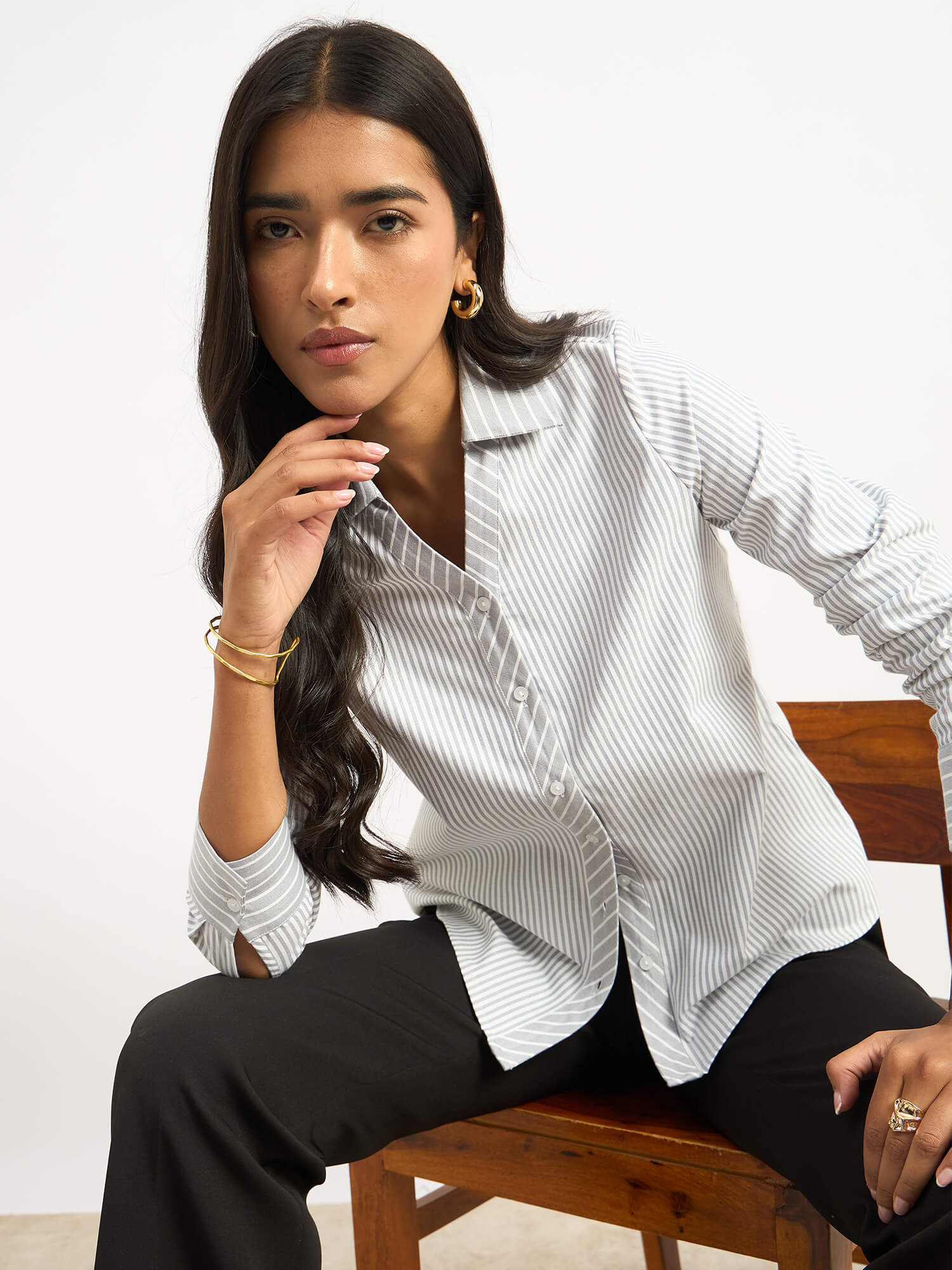 Anetta Contrast Striped Shirt - Grey &amp; White