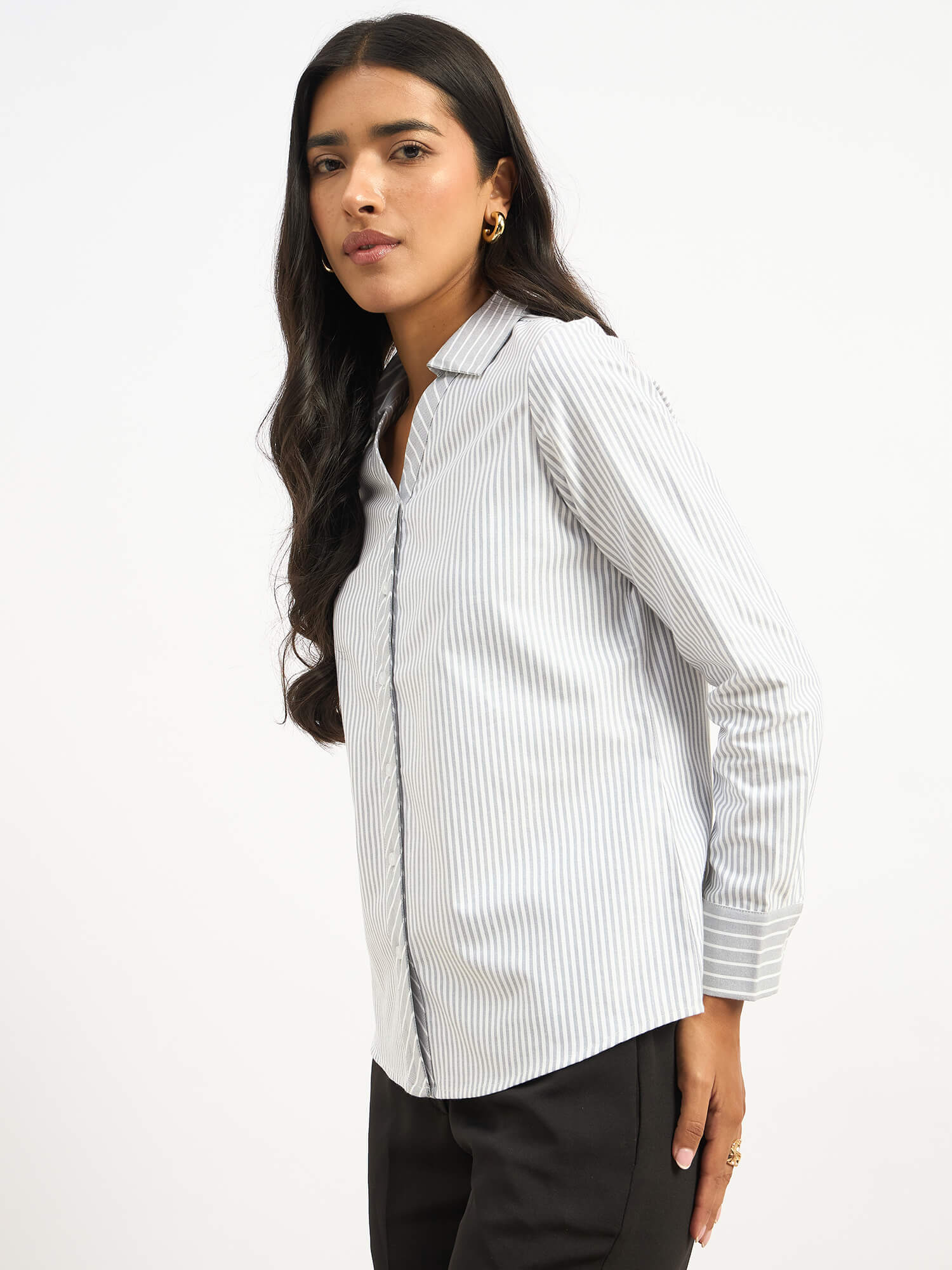 Anetta Contrast Striped Shirt - Grey &amp; White