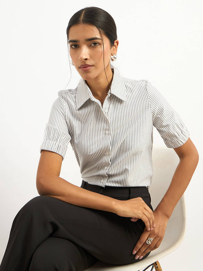 Sabine Puff Sleeve Shirt - Grey Stripe