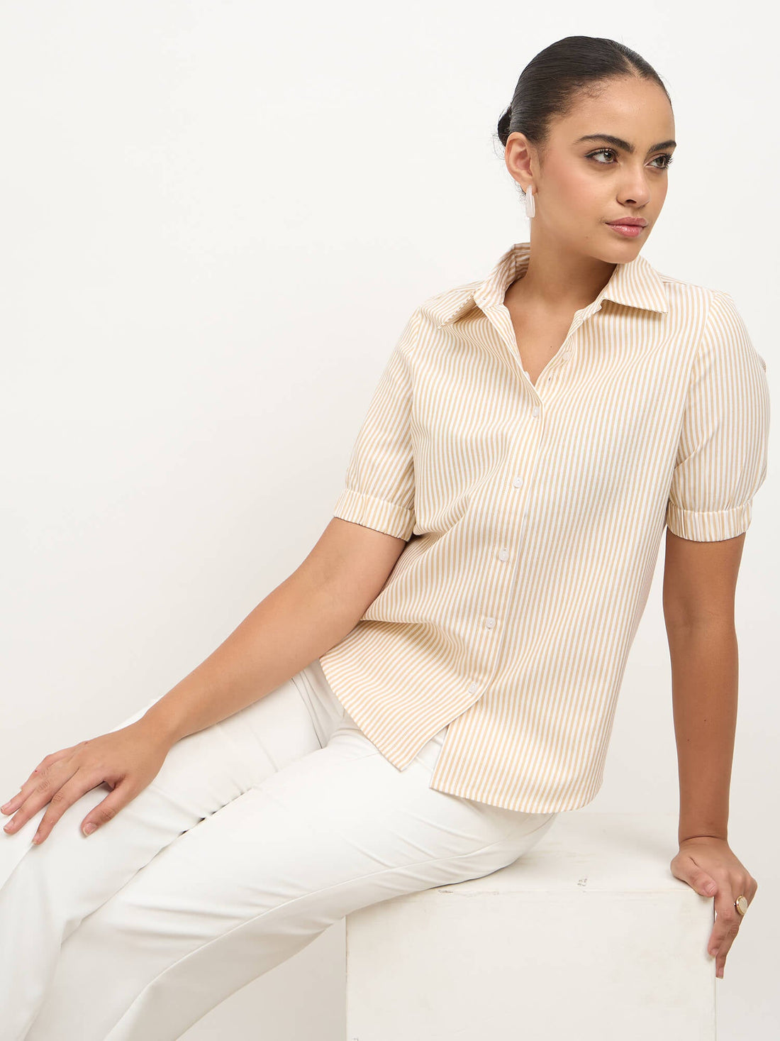 Sabine Puff Sleeve Shirt-Yellow &amp; White
