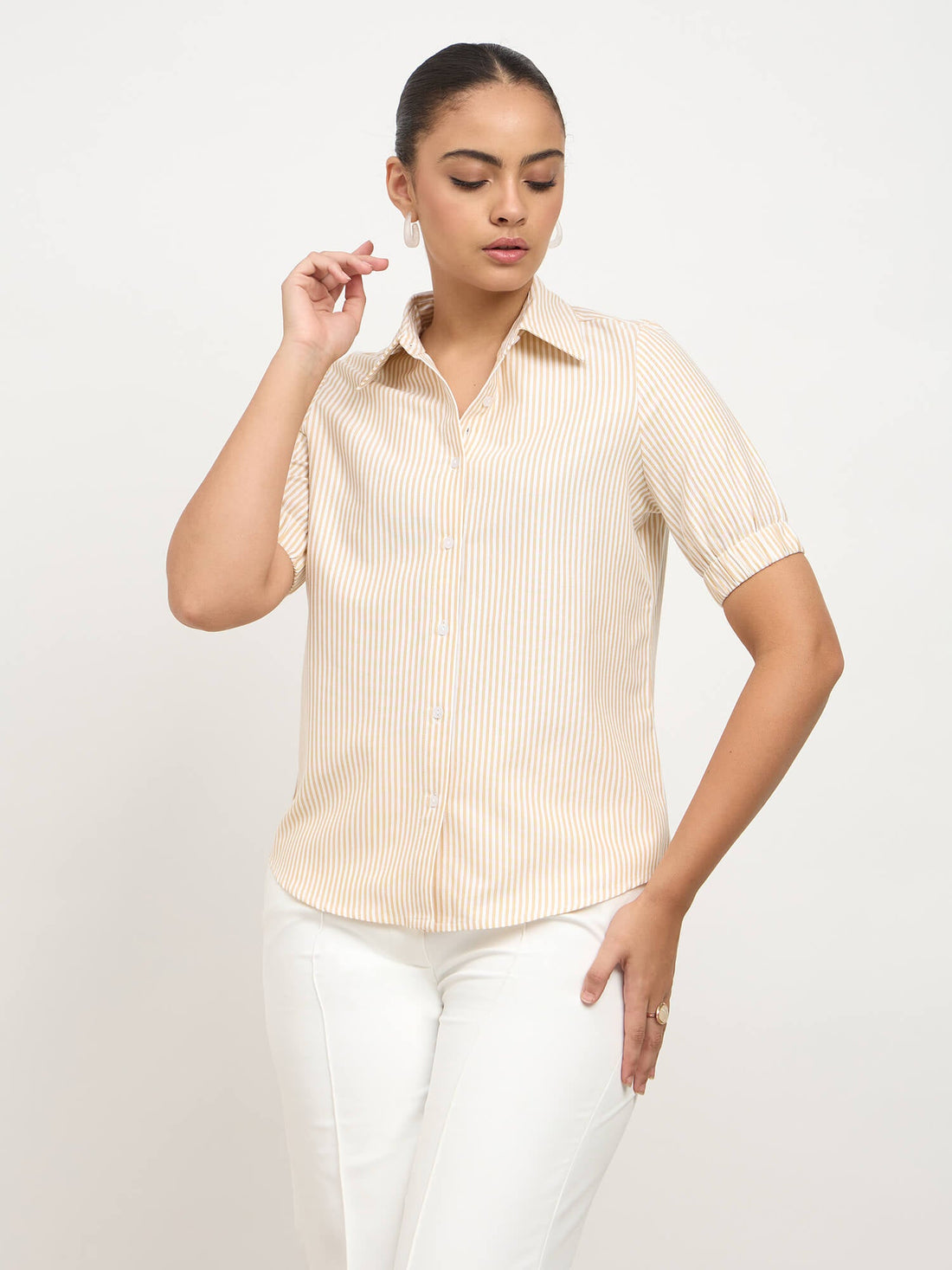 Sabine Puff Sleeve Shirt-Yellow &amp; White