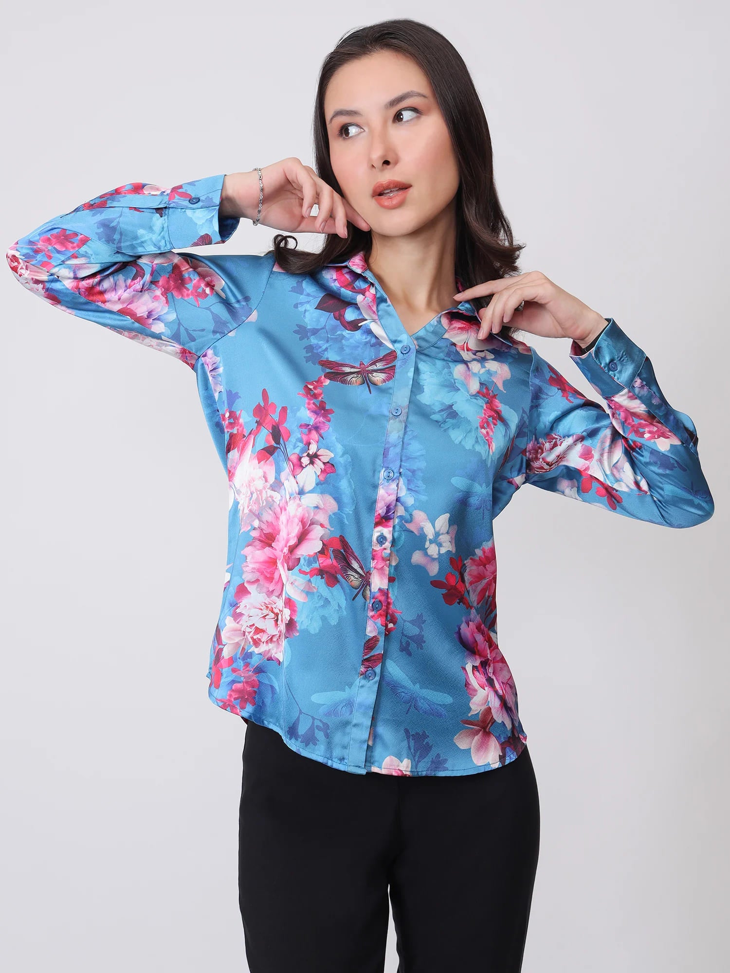 Royal Floral Button Down Shirt - Pink & Blue