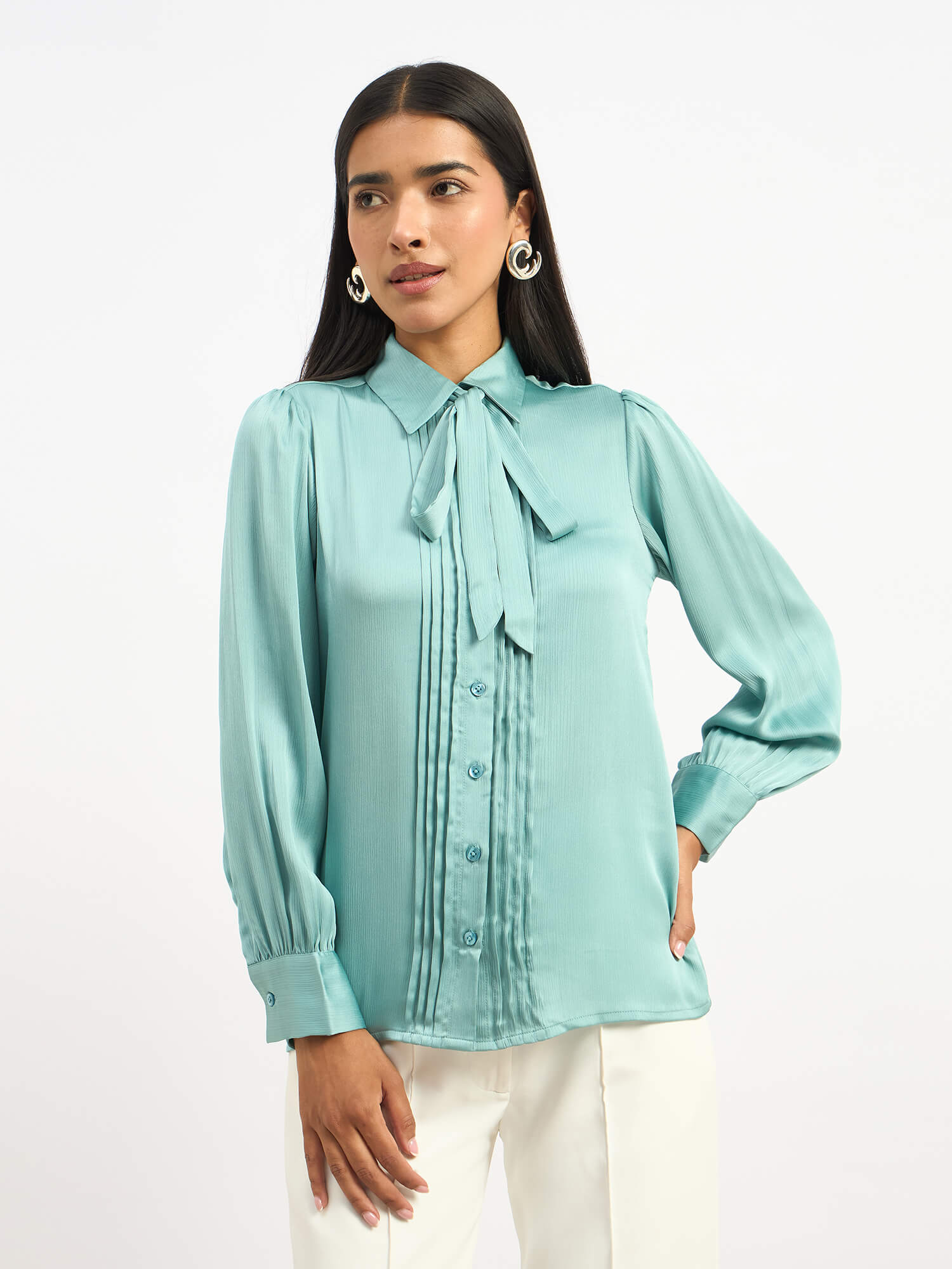 Seaglass Pleated Tie Up Top - Seagreen