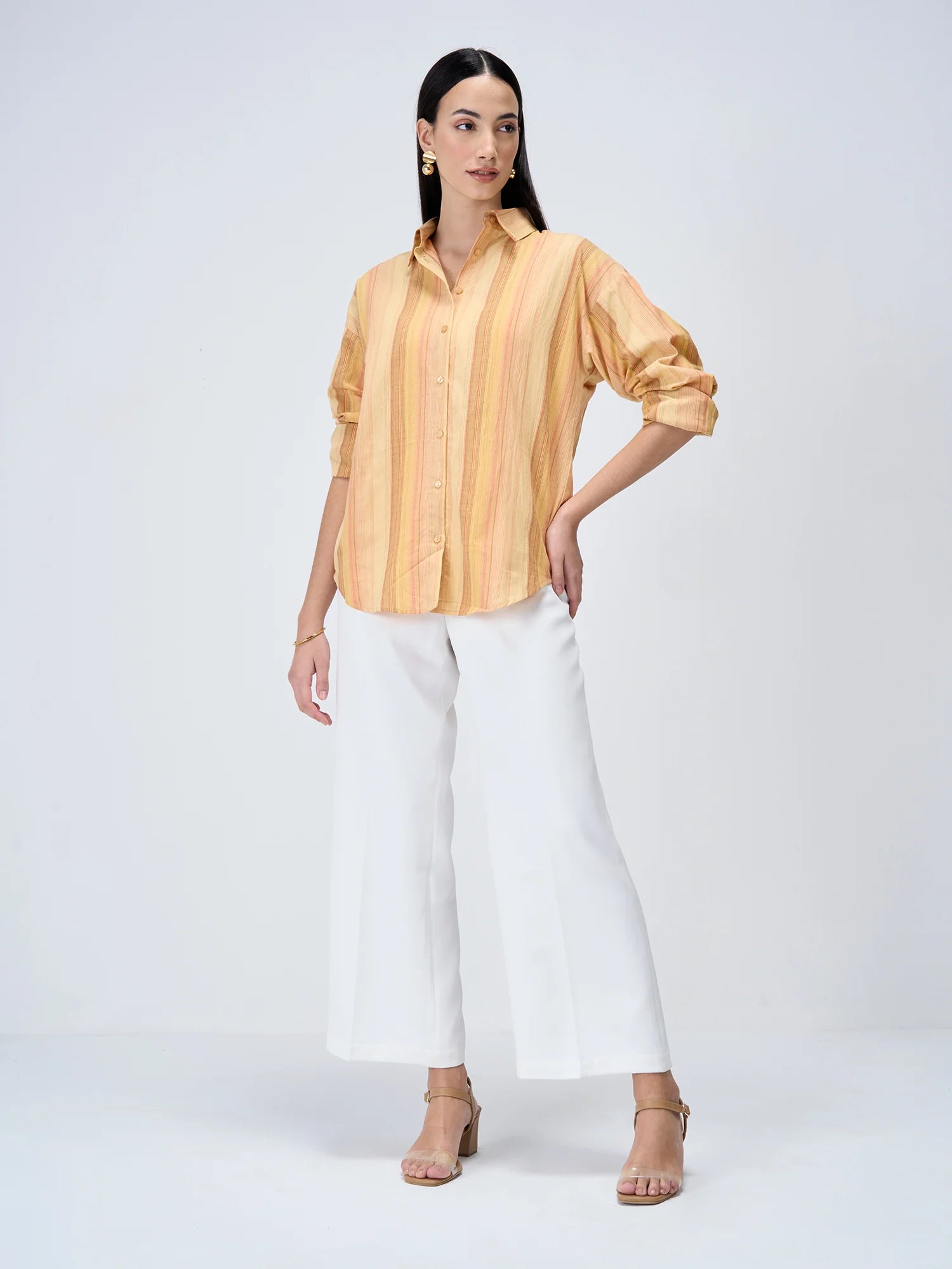 Isle Striped Button Down Shirt-Mustard/Orange