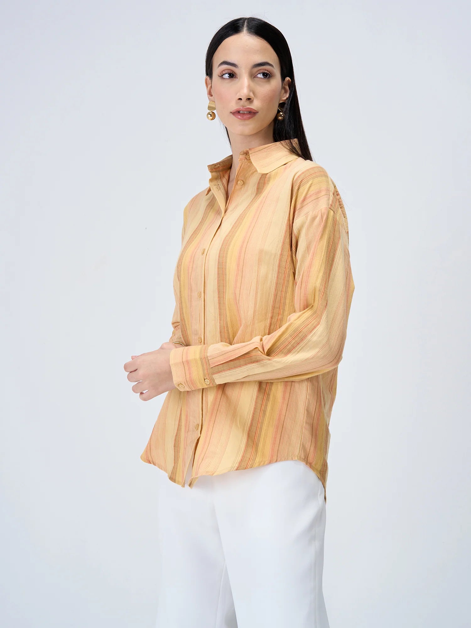 Isle Striped Button Down Shirt-Mustard/Orange