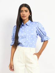 Pocky Ruffled Sleeve Shirt - Blue & White