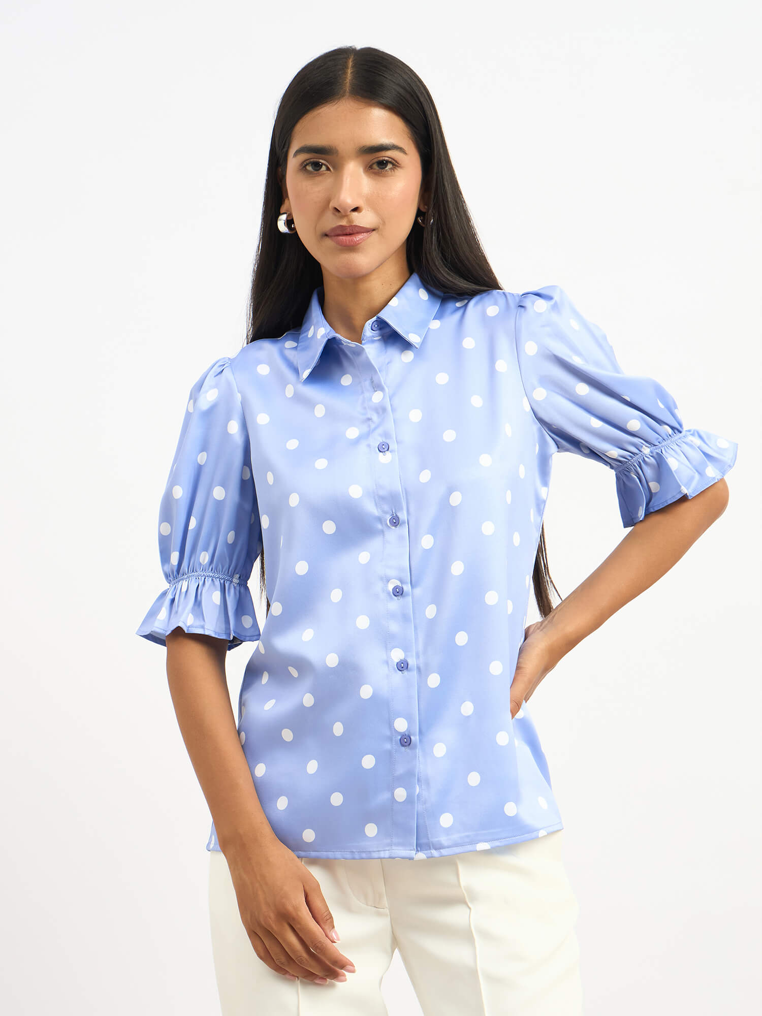 Pocky Ruffled Sleeve Shirt - Blue & White