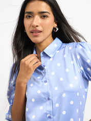 Pocky Ruffled Sleeve Shirt - Blue & White