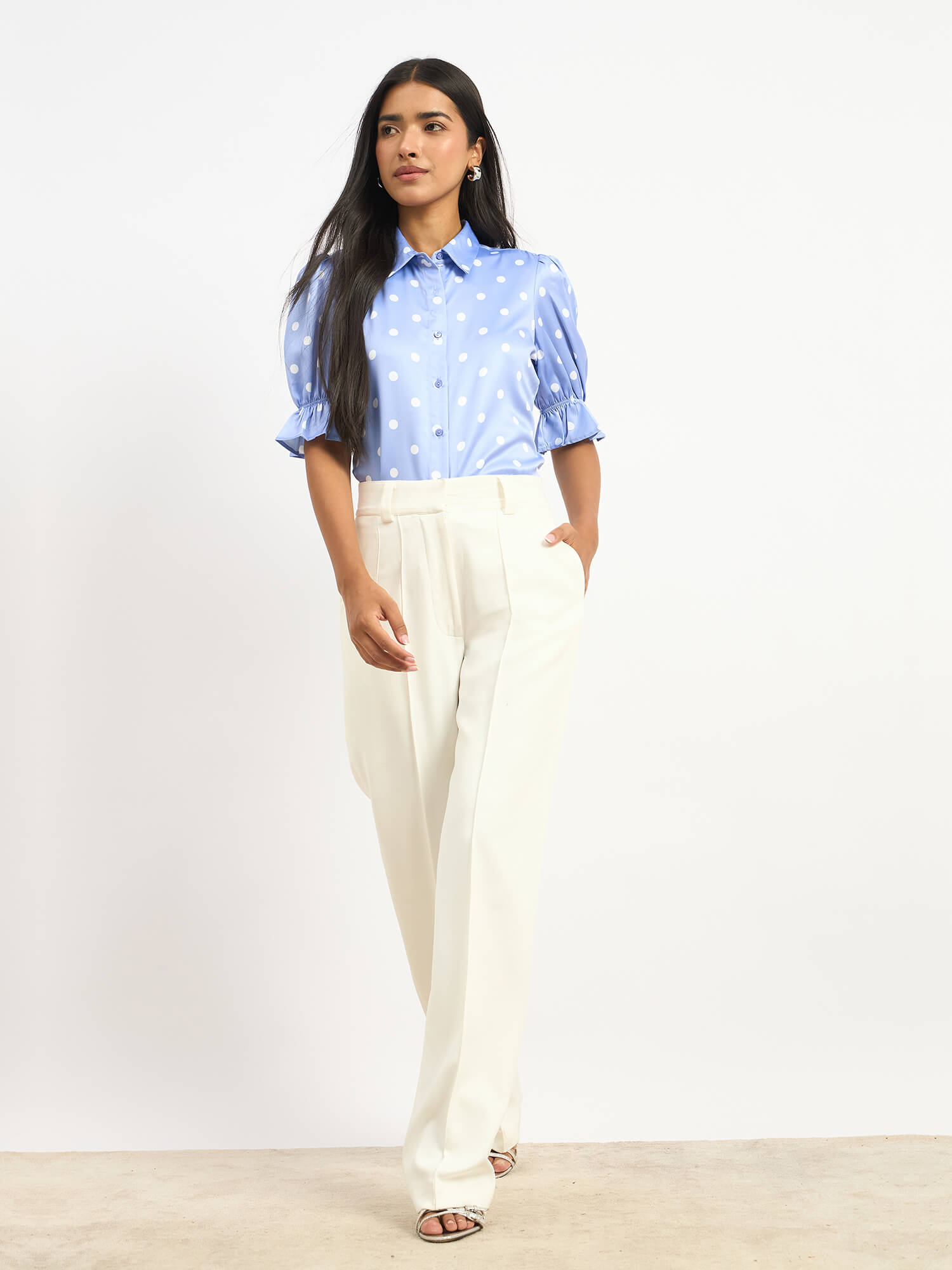 Pocky Ruffled Sleeve Shirt - Blue & White