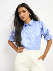 Pocky Ruffled Sleeve Shirt - Blue & White