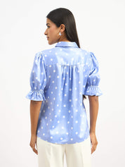 Pocky Ruffled Sleeve Shirt - Blue & White