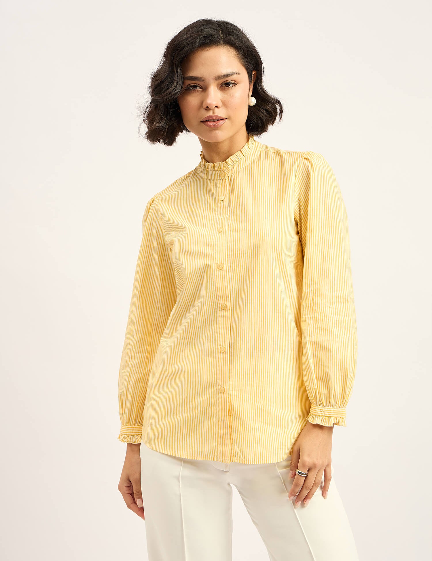 Finch Frill Trimmed Shirt - Yellow & White