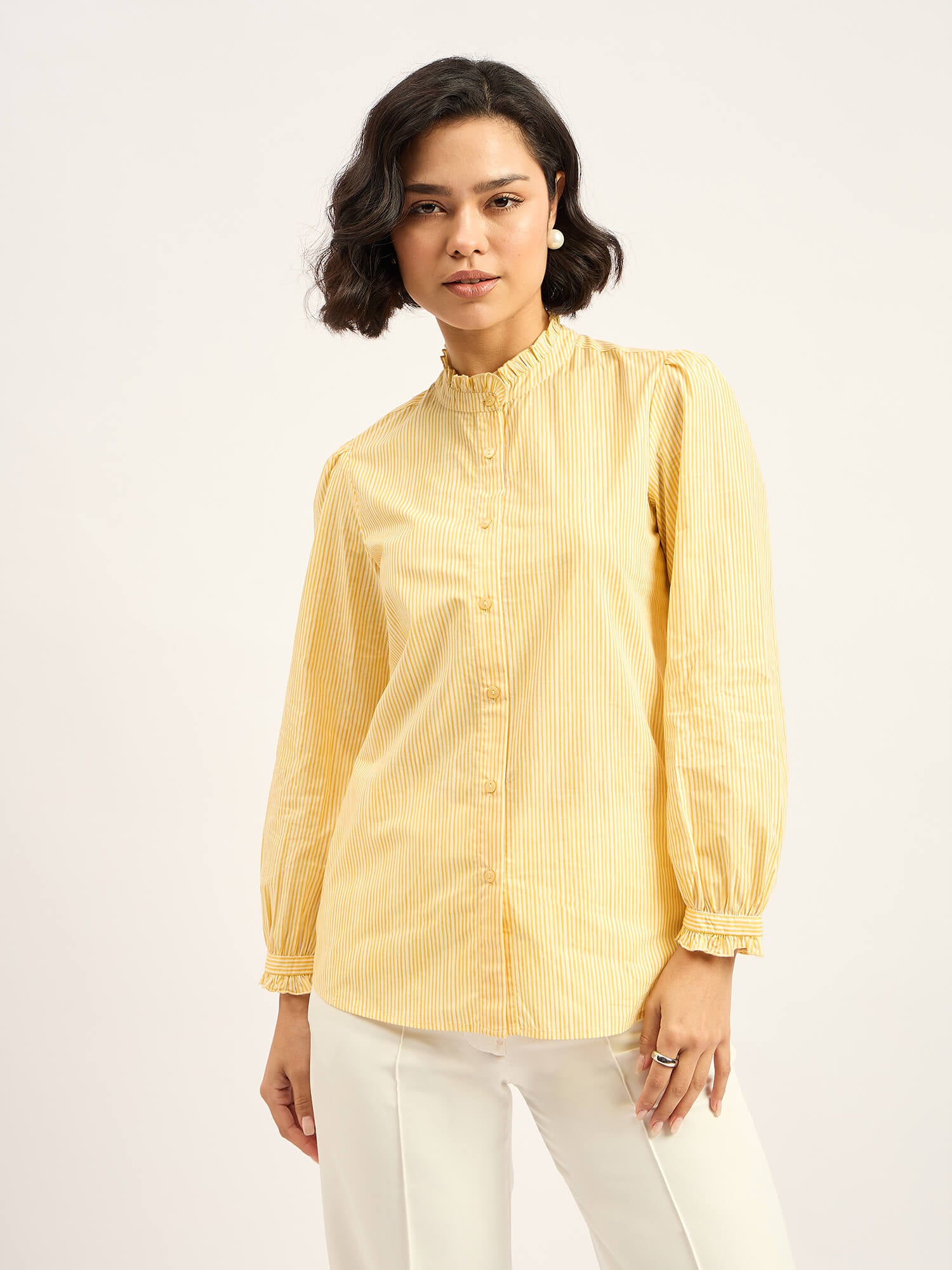 Finch Frill Trimmed Shirt - Yellow & White