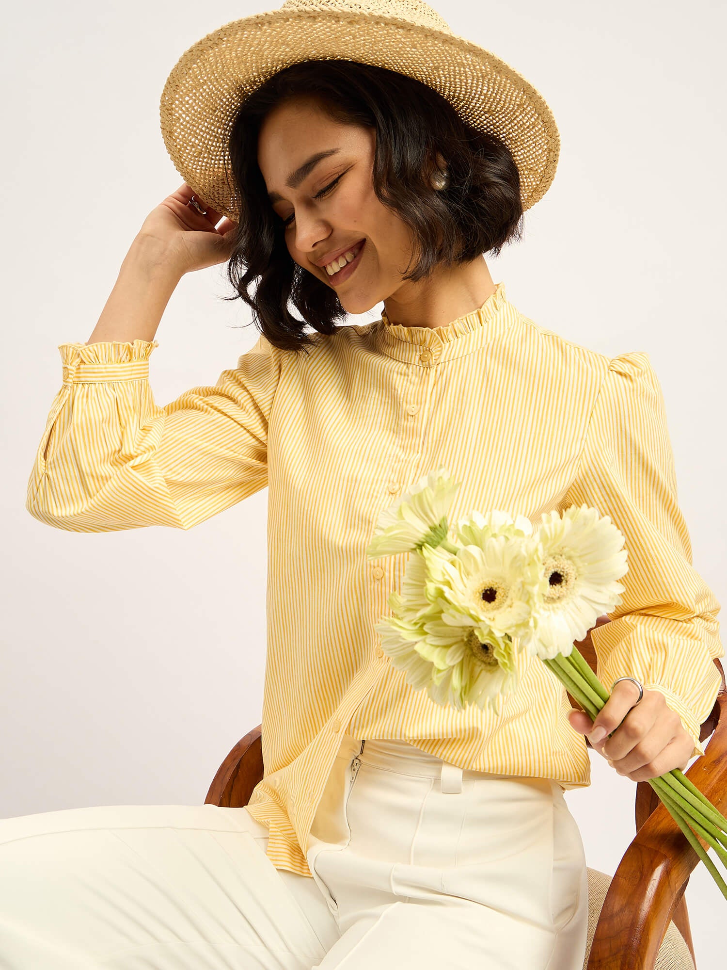 Finch Frill Trimmed Shirt - Yellow & White