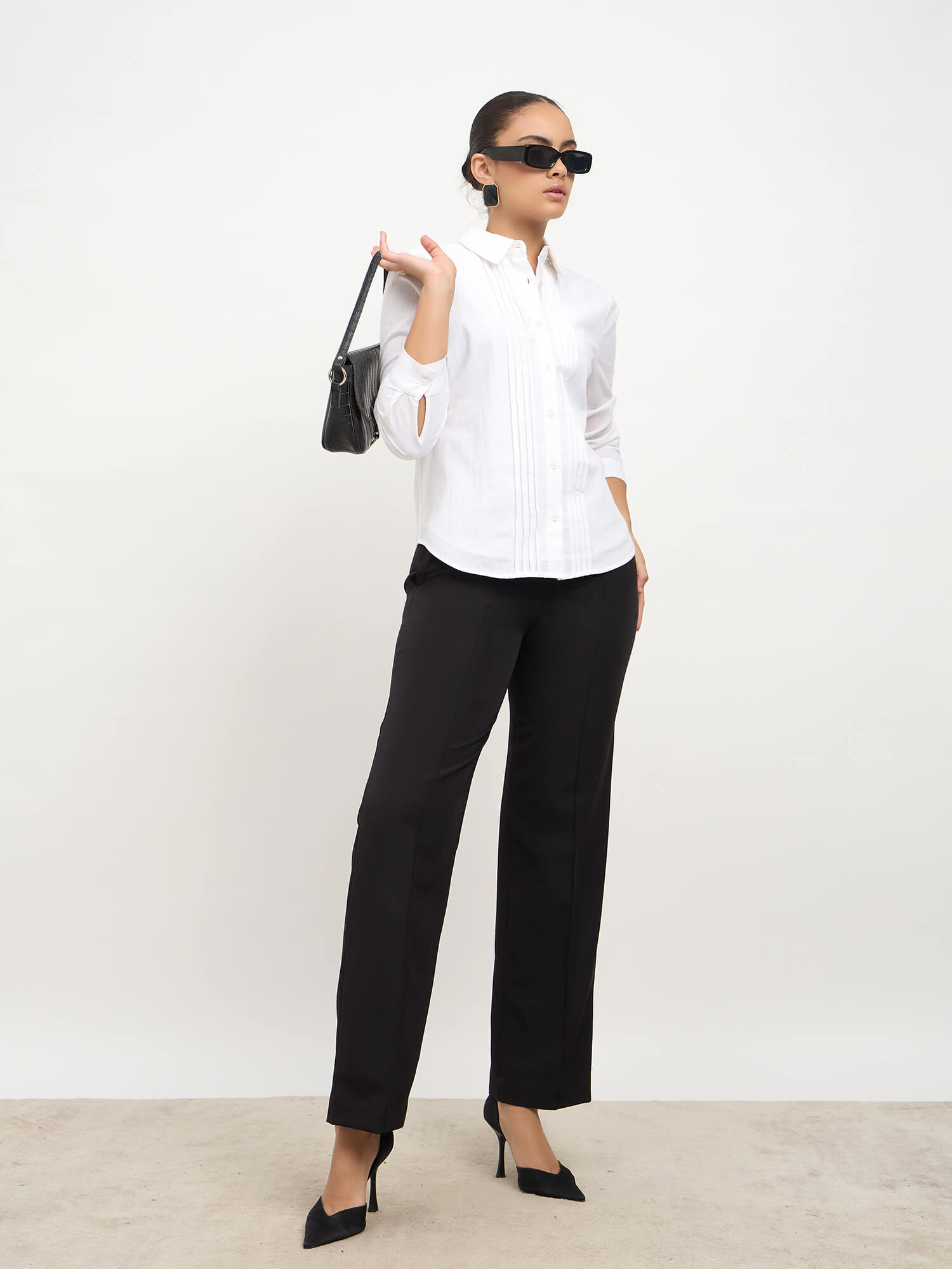 Areum Pintuck Detail Cotton Shirt-White