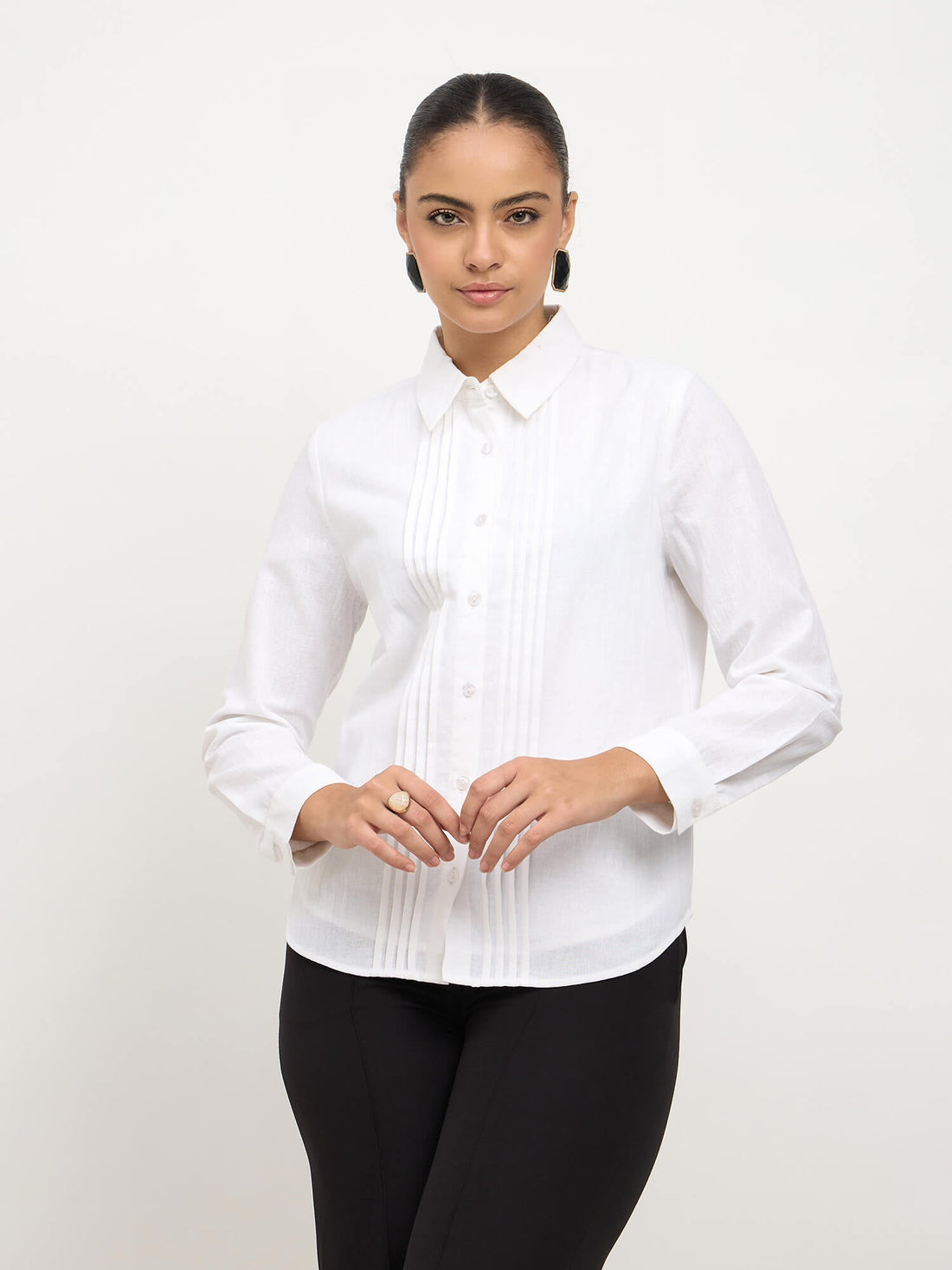 Areum Pintuck Detail Cotton Shirt-White